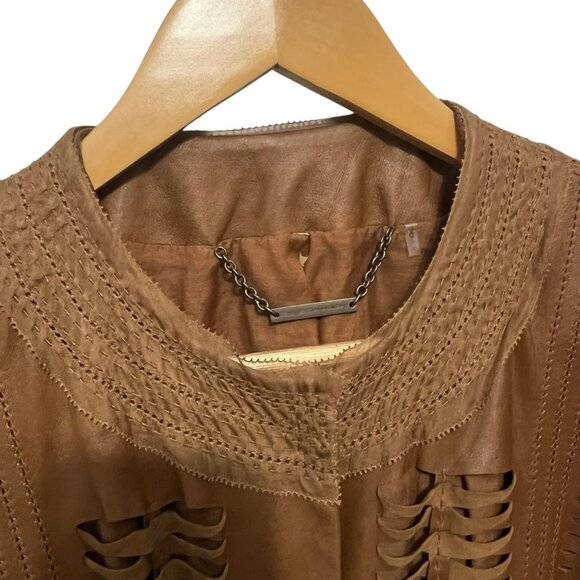 Elie Tahari Leather Jacket Cecilia Brown Size XS Lattice Cut Designer Boho Chic - Picture 4 of 15